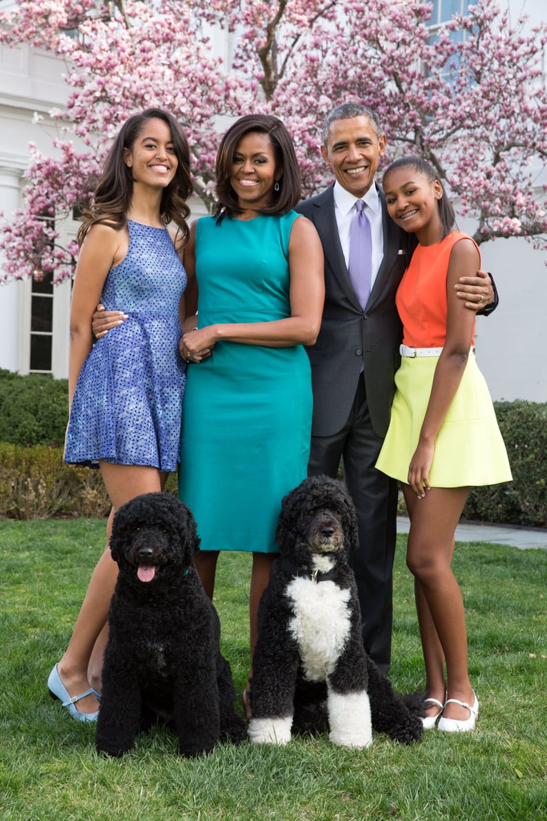 WASHINGTON, DC - APRIL 05: U.S. President Barack Obama, First Lady Michelle Obama, and daughters Malia (L) and Sasha (R) pose for a family portrait with their pets Bo and Sunny in the Rose Garden of the White House on Easter Sunday, April 5, 2015 in Washi