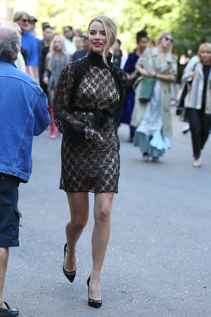 Anya was on the scene at London Fashion Week in 2018, sporting this Christopher Kane minidress with sheer-paneled pumps.