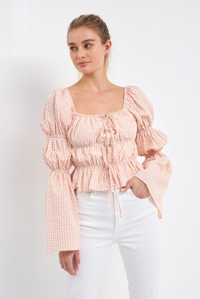 English Factory Tie Detailed Shirring Top With Long Sleeves