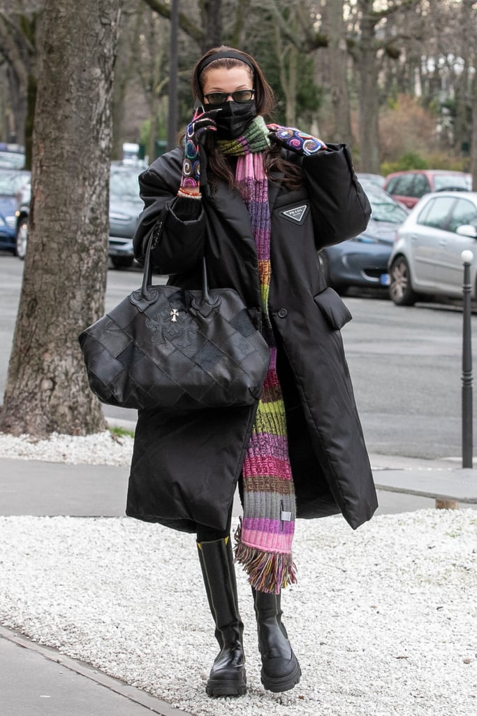 Bella Hadid Wearing Colourful Gloves With Black Prada Coat