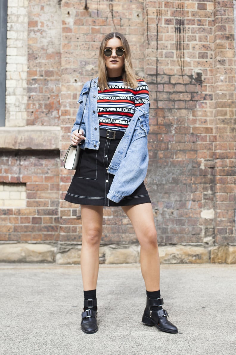 Style a Retro Mini With Statement Boots and a Denim Jacket