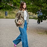 Fall Outfit Idea: Printed Shirt + Jeans + Pink Heels