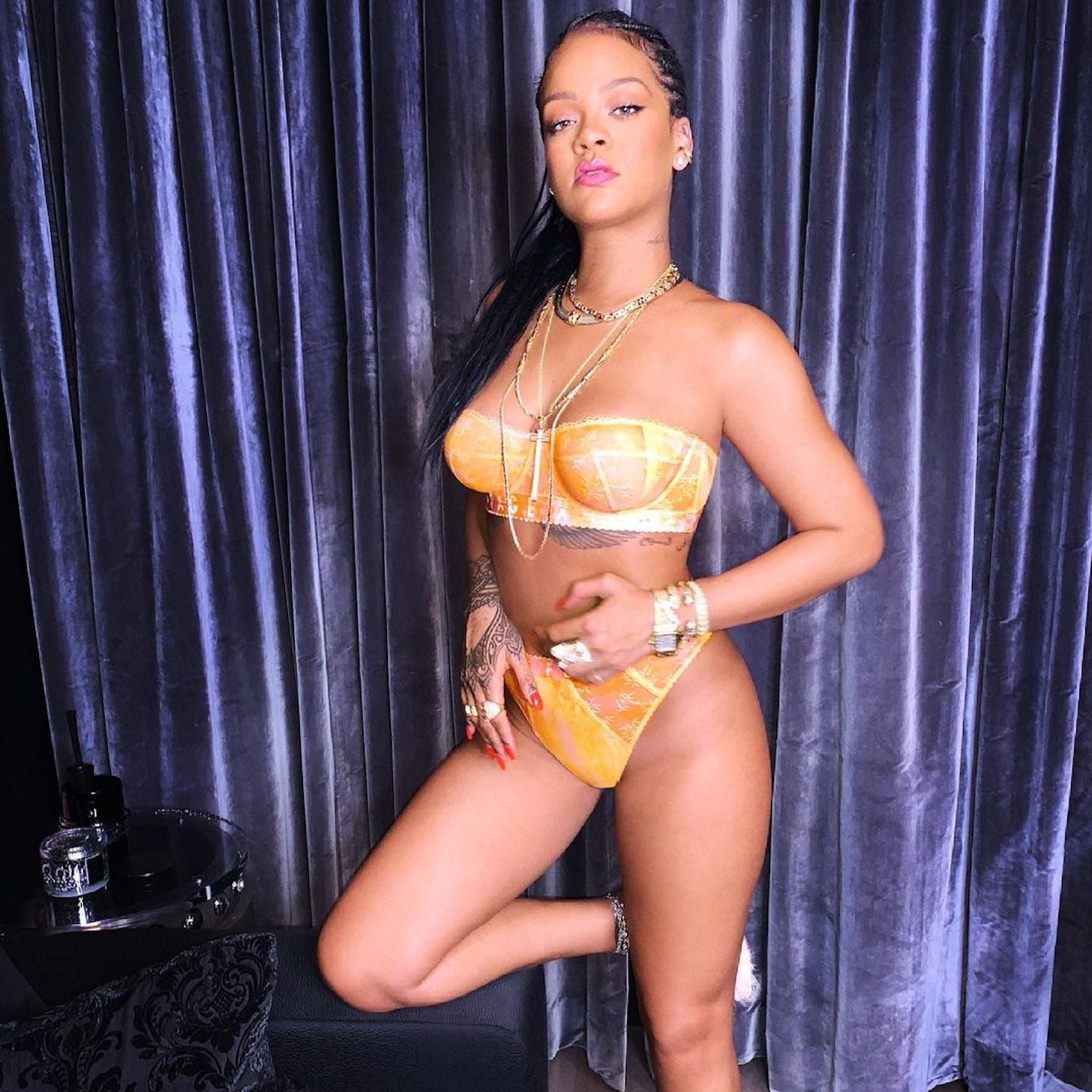 Rihanna Wearing Orange Savage X Fenty Lingerie On Instagram Popsugar Fashion