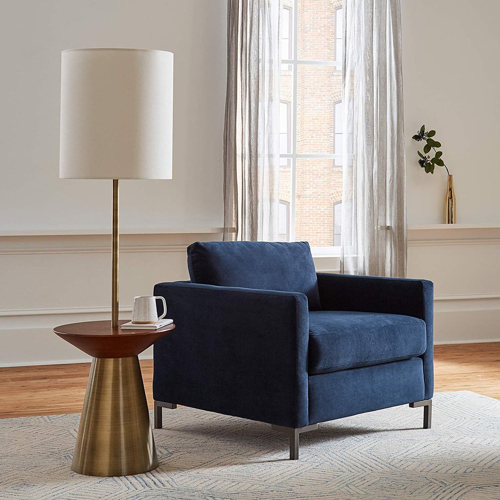 Rivet Midcentury Modern Floor Lamp and Round Wood Table With Light Bulb and Linen Shade