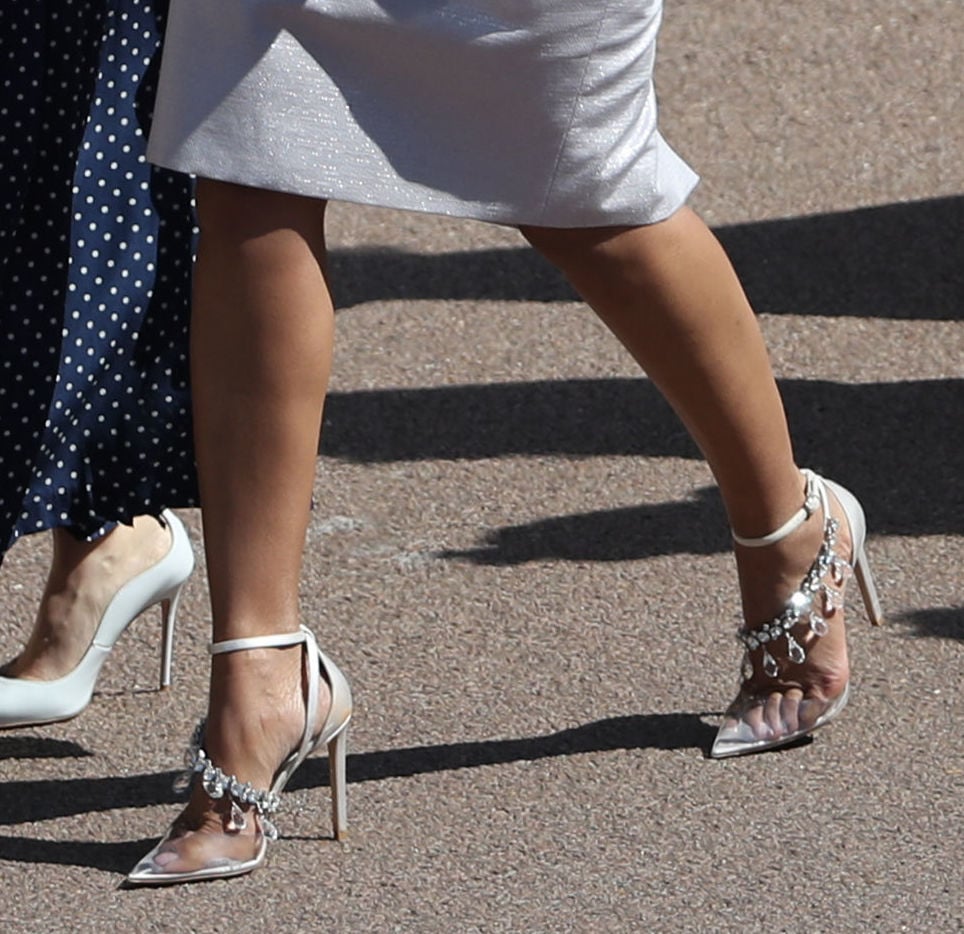 A closer look at Priyanka Chopra's Jimmy Choo x Off-White Victoria heels ($1,995) show the shoe feature asymmetrical straps of sparkling crystal embellishments and a clear plastic pointed-toe detail.