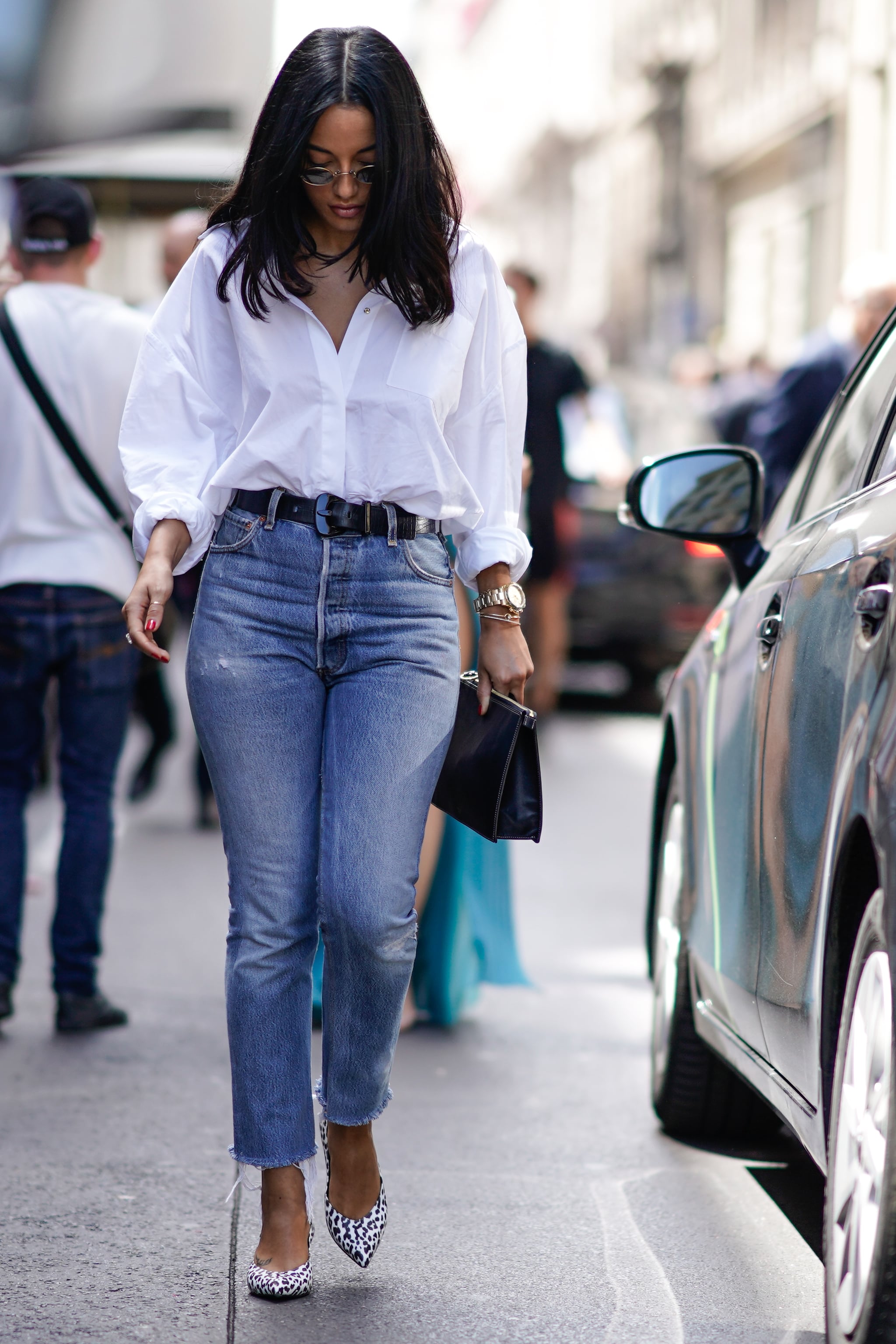 white shirt jeans and heels