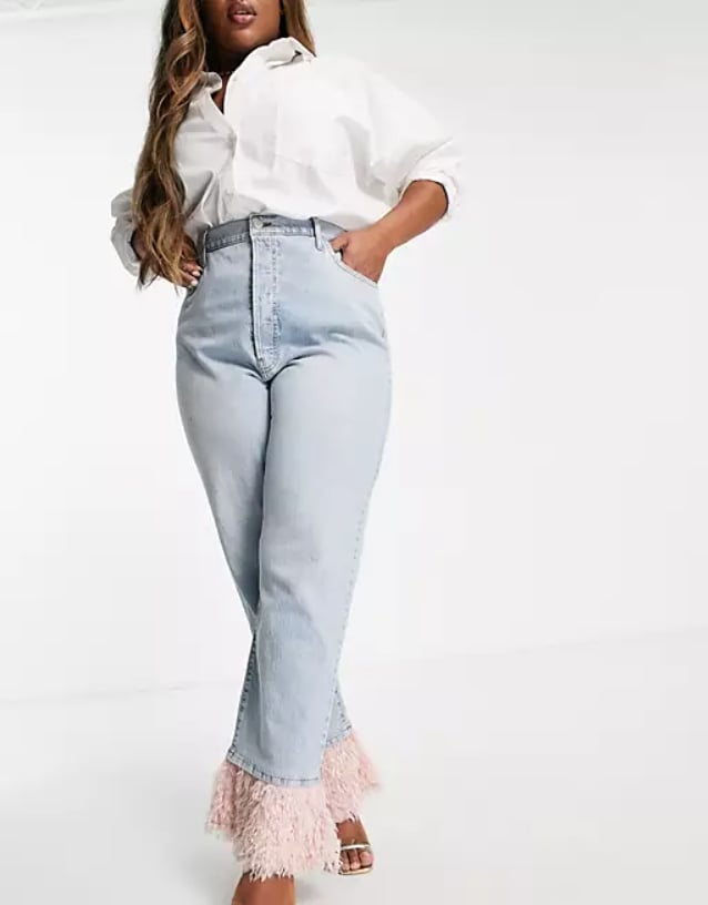 ASOS Curve Straight Leg Jeans With Faux Feather Hem in Blue