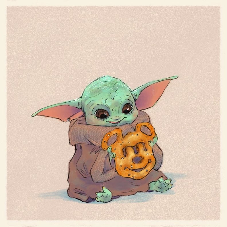 Baby Yoda Eating a Mickey Pretzel