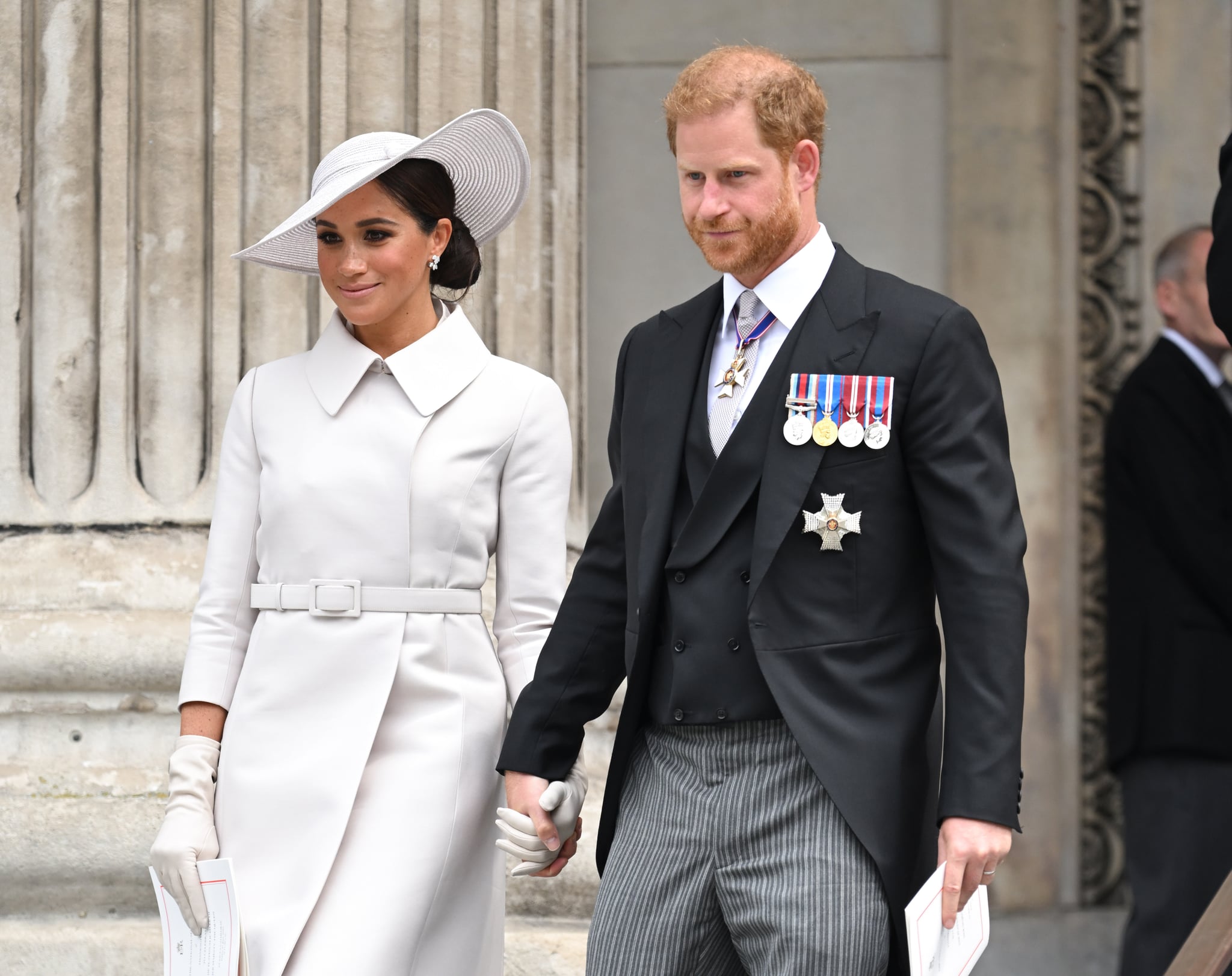 LONDON, ENGLAND - JUNE 03: Meghan, Duchess of Sussex and Prince Harry, Duke of Sussex attend the National Service of Thanksgiving at St Paul's Cathedral on June 03, 2022 in London, England. The Platinum Jubilee of Elizabeth II is being celebrated from June 2 to June 5, 2022, in the UK and Commonwealth to mark the 70th anniversary of the accession of Queen Elizabeth II on 6 February 1952. (Photo by Karwai Tang/WireImage)