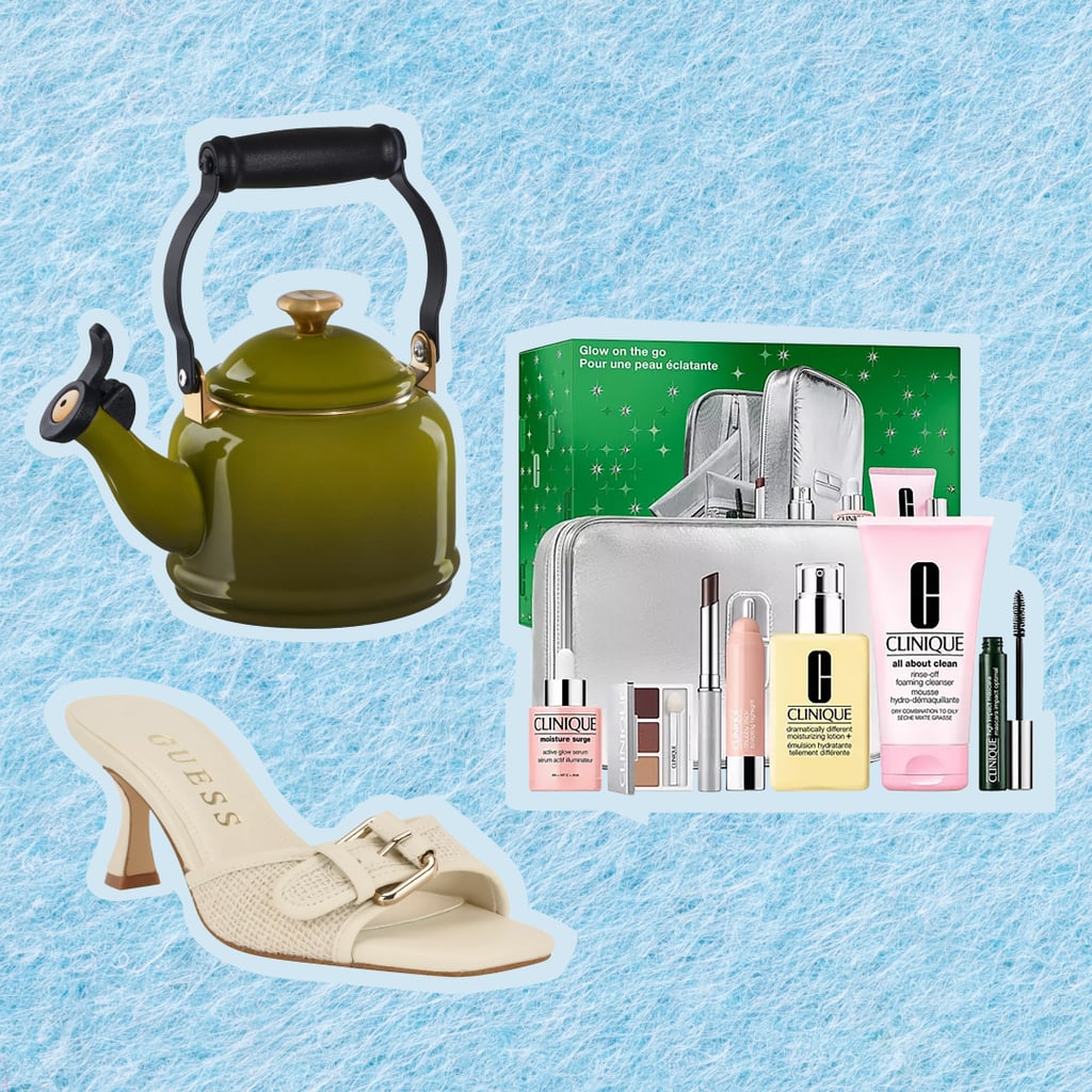 A collage of a green kettle, Guess shoes, and a Clinique gift set