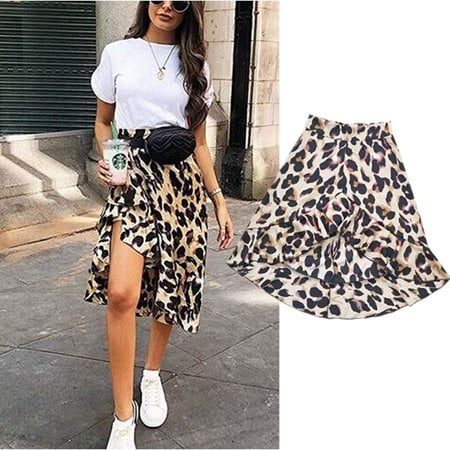 Meihuida Asymmetric Leopard Skirt