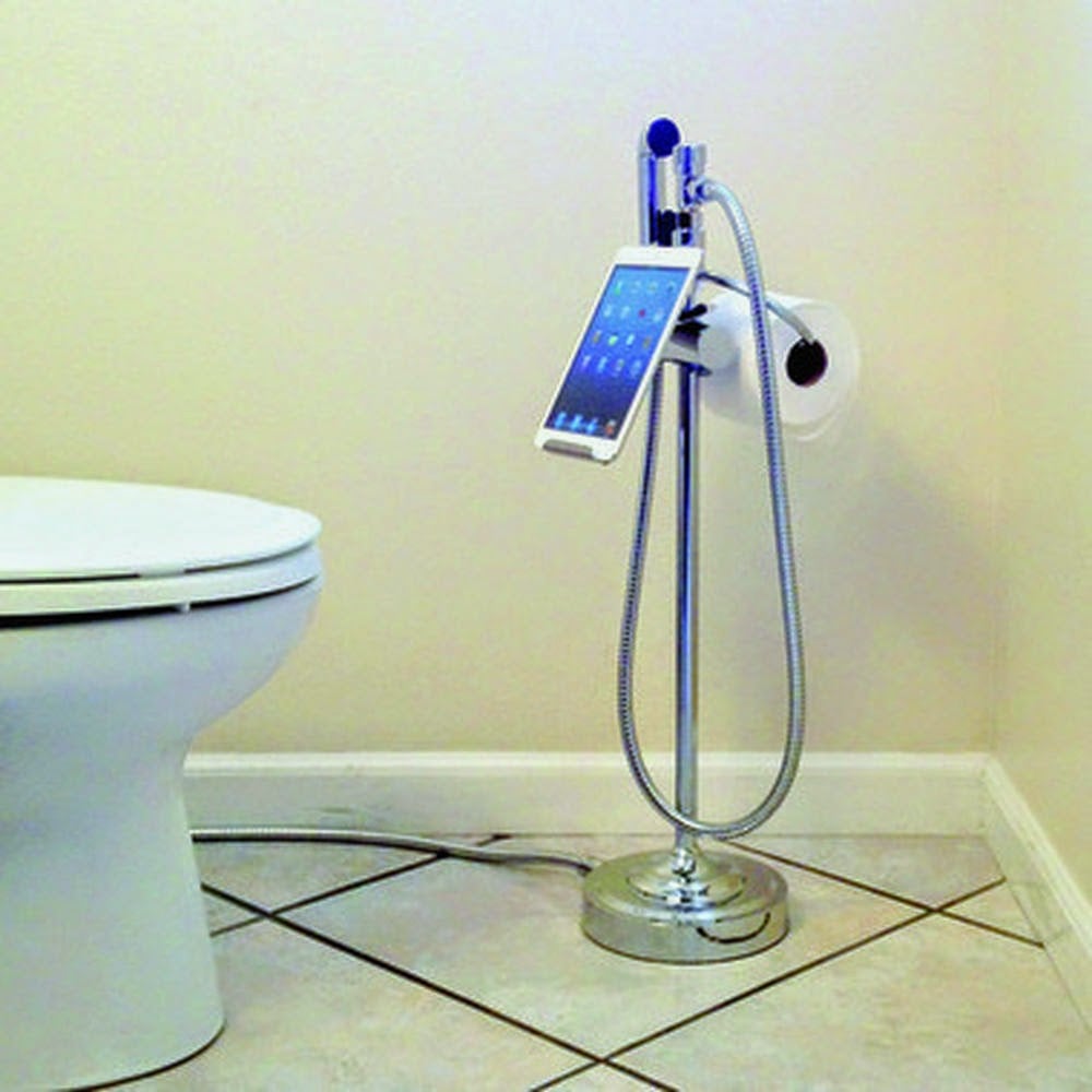 This toilet paper stand with a digital accessory caddy ($100).