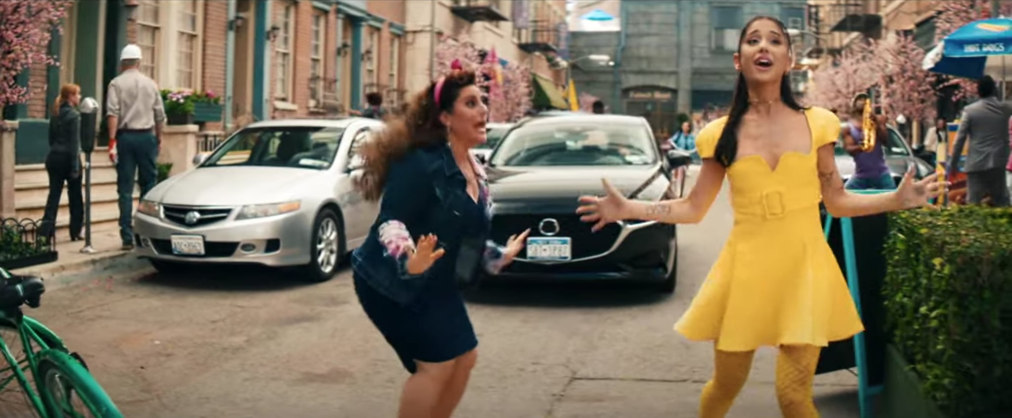 The Versace yellow ensemble with short dress, tights, platform sandals worn  by Ariana Grande in the clip No Lockdowns Anymore w / Ariana Grande &  Marissa Jaret Winokur