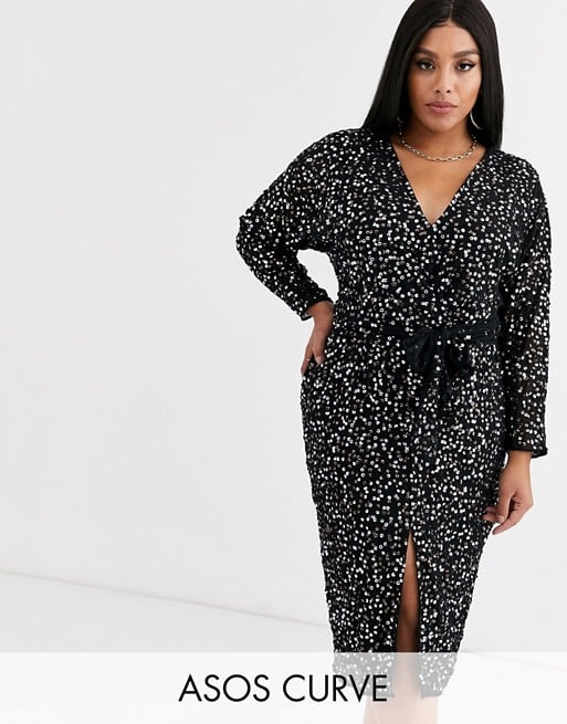 asos design midi dress with batwing sleeve and wrap waist in scatter sequin