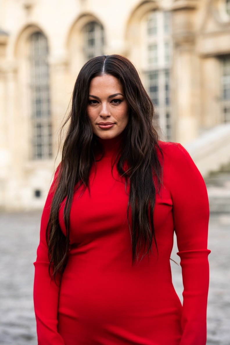 PARIS, FRANCE - MARCH 03: Ashley Graham wears Victoria Beckham dress outside the Victoria Beckham show on March 03, 2023 in Paris, France. (Photo by Kirstin Sinclair/Getty Images)