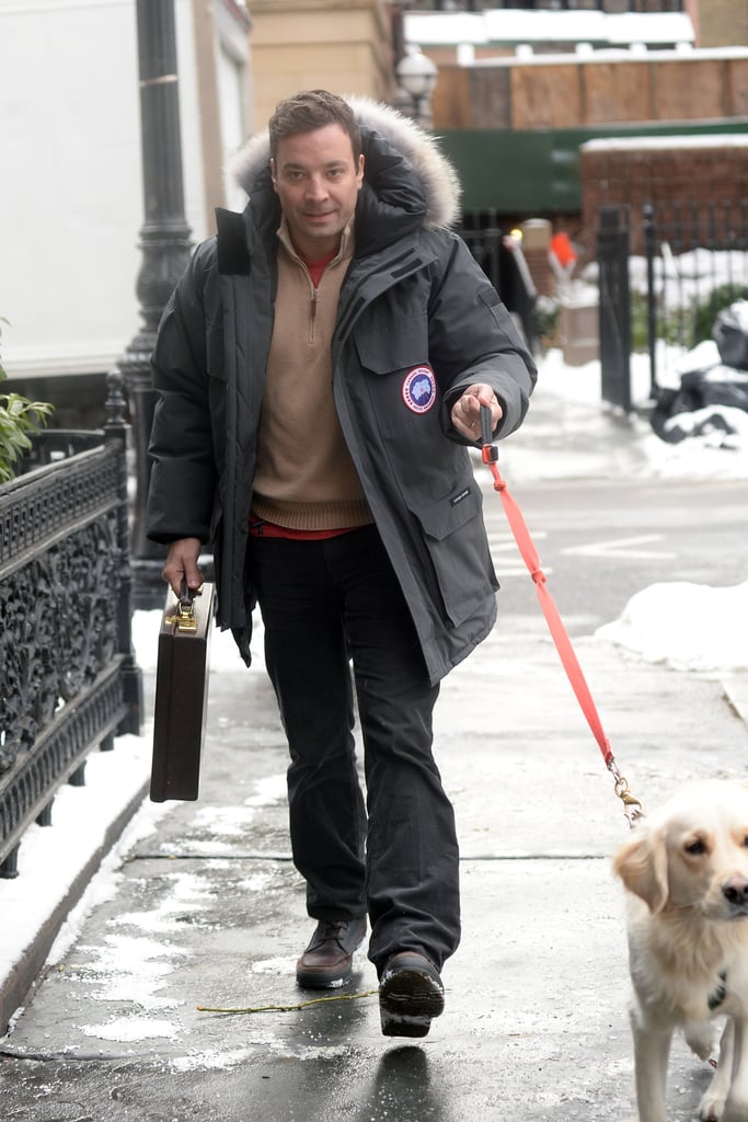 Jimmy Fallon held a briefcase while walking his dog on Sunday in NYC.