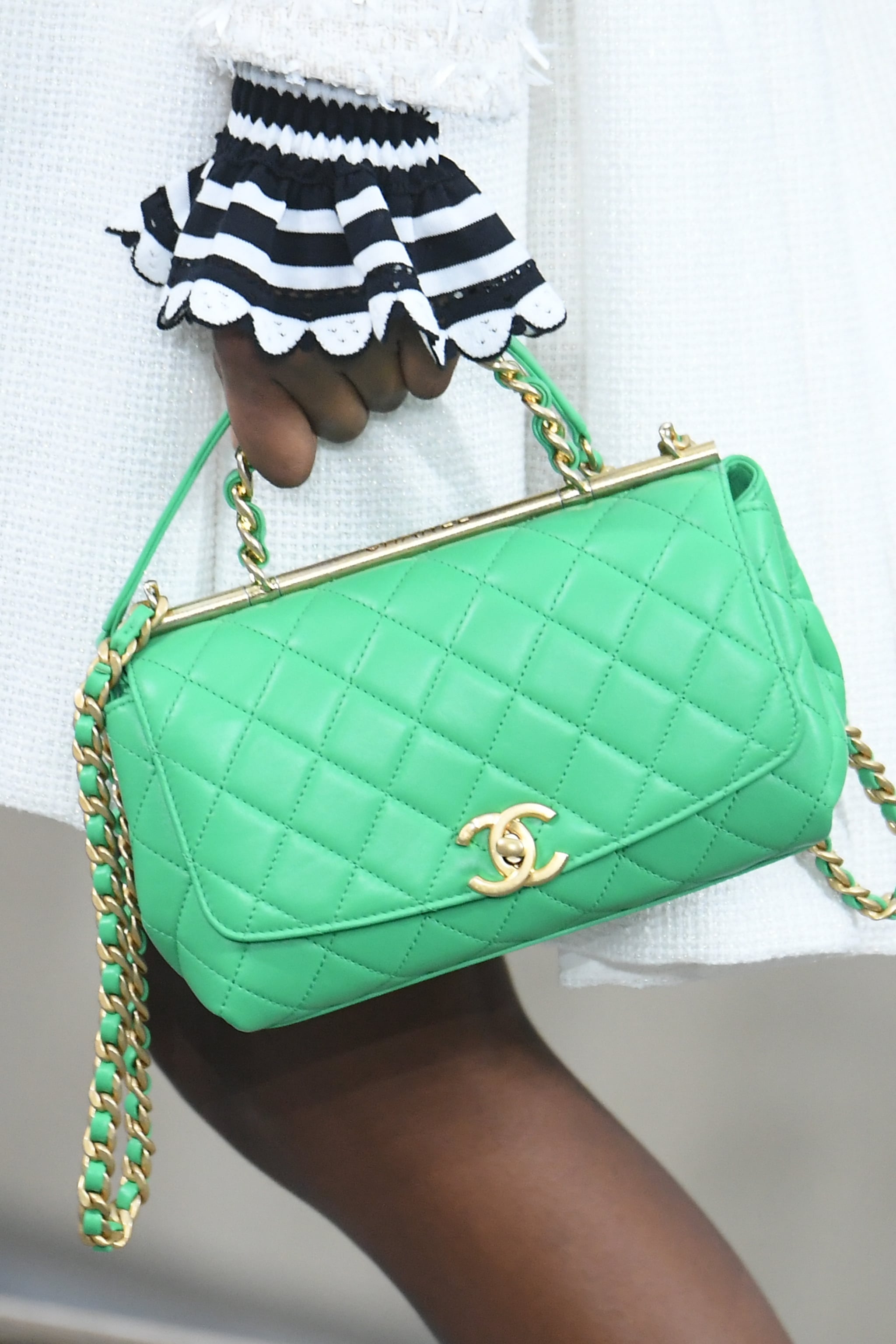 A Chanel Bag on the Runway During Paris Fashion Week, Chanel Just Gave Us  the Walkable Flats of Our Dreams (and a Neon Green Bag We Never Knew We  Needed)