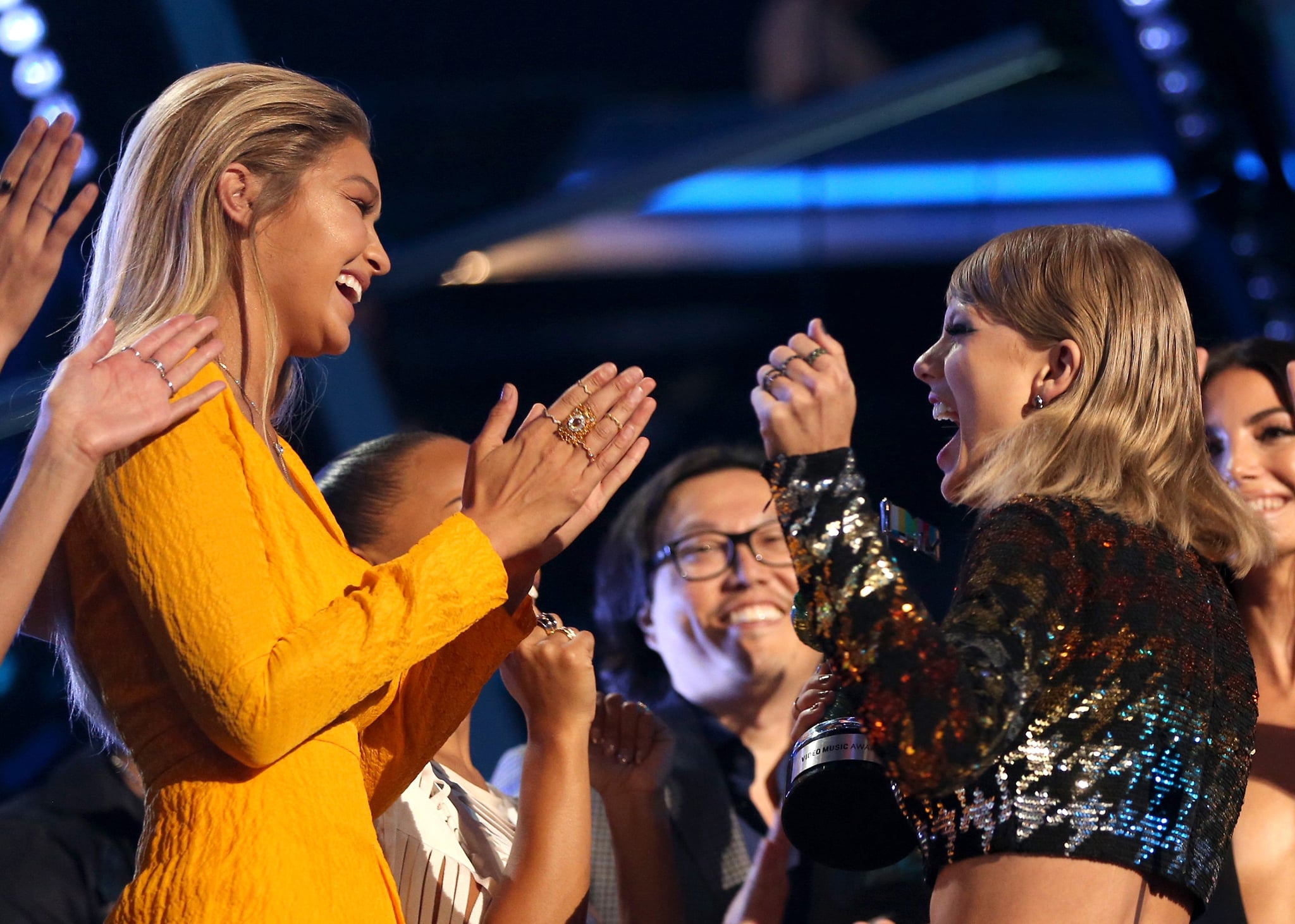 LOS ANGELES, CA - AUGUST 30:  Model Gigi Hadid (L) and recording artist Taylor Swift celebrate during the 2015 MTV Video Music Awards at Microsoft Theatre on August 30, 2015 in Los Angeles, California.  (Photo by Christopher Polk/MTV1415/Getty Images)