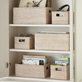 Whitewashed Rattan Storage Bins with Handles