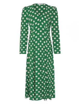 Finery London Crepe Polka Dot V-Neck Midi Tea Dress