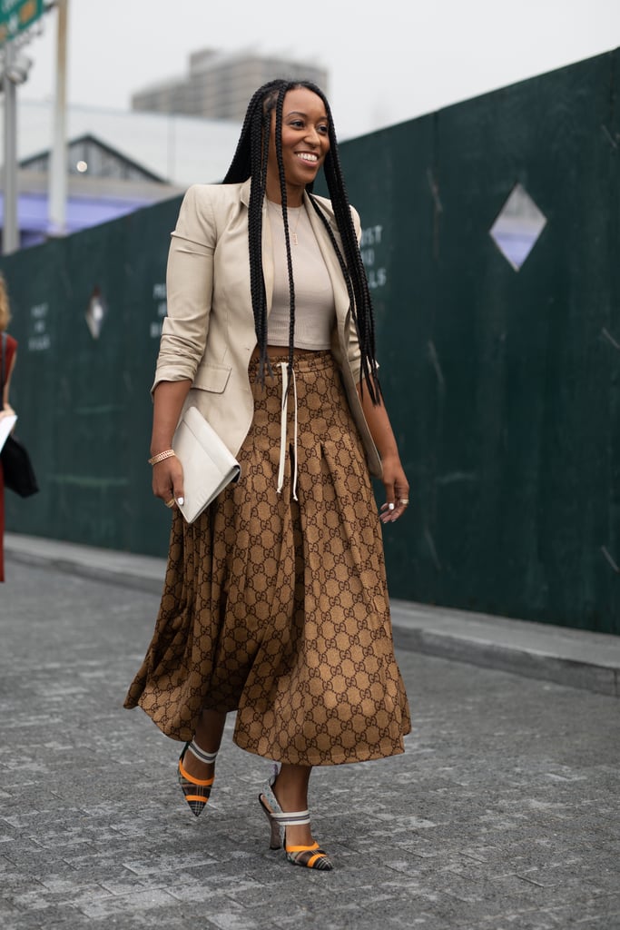 Keep on Your Sandals, but Work Them With a Long Chocolate Skirt and Khaki-Colored Blazer