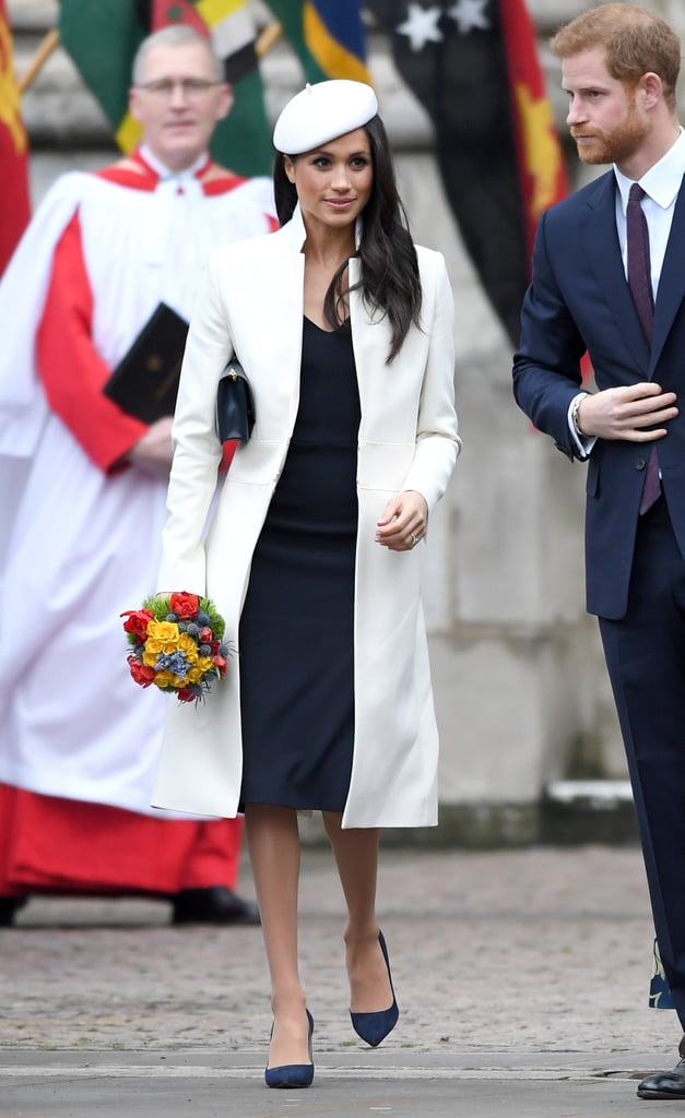 Wearing a custom Stephen Jones beret, Manolo Blahnik pumps, and a cream coat by Amanda Wakeley for the Commonwealth Day service.