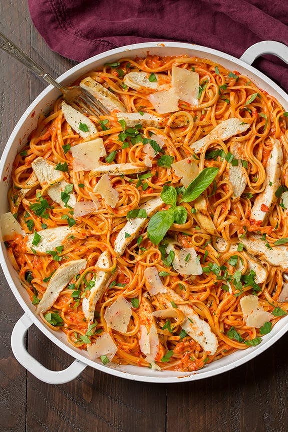 Creamy Roasted Red Pepper Pasta With Grilled Chicken