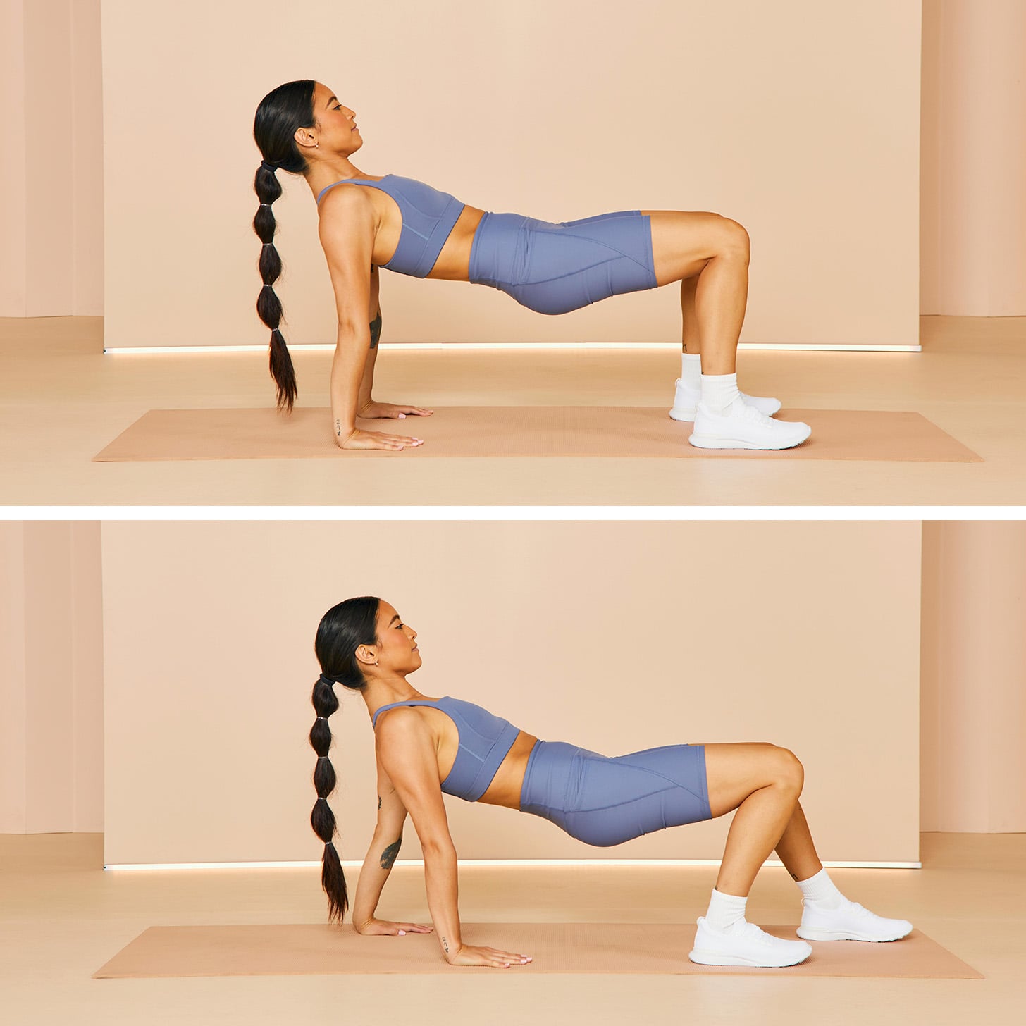 Person wearing a matching workout set demonstrating a crab walk exercise