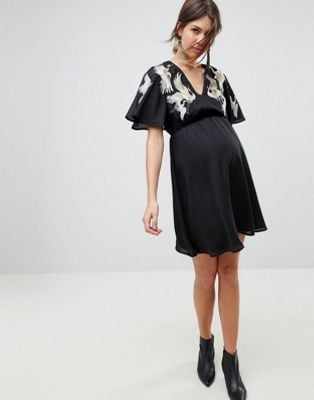 ASOS Maternity Bird Embroidered Flutter Sleeve Mini Dress