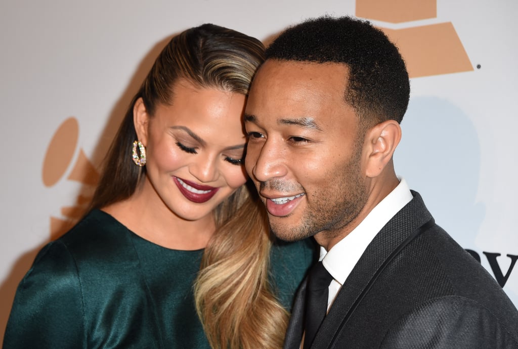 Chrissy Teigen Wearing a Teal Dress at Pre-Grammys Party