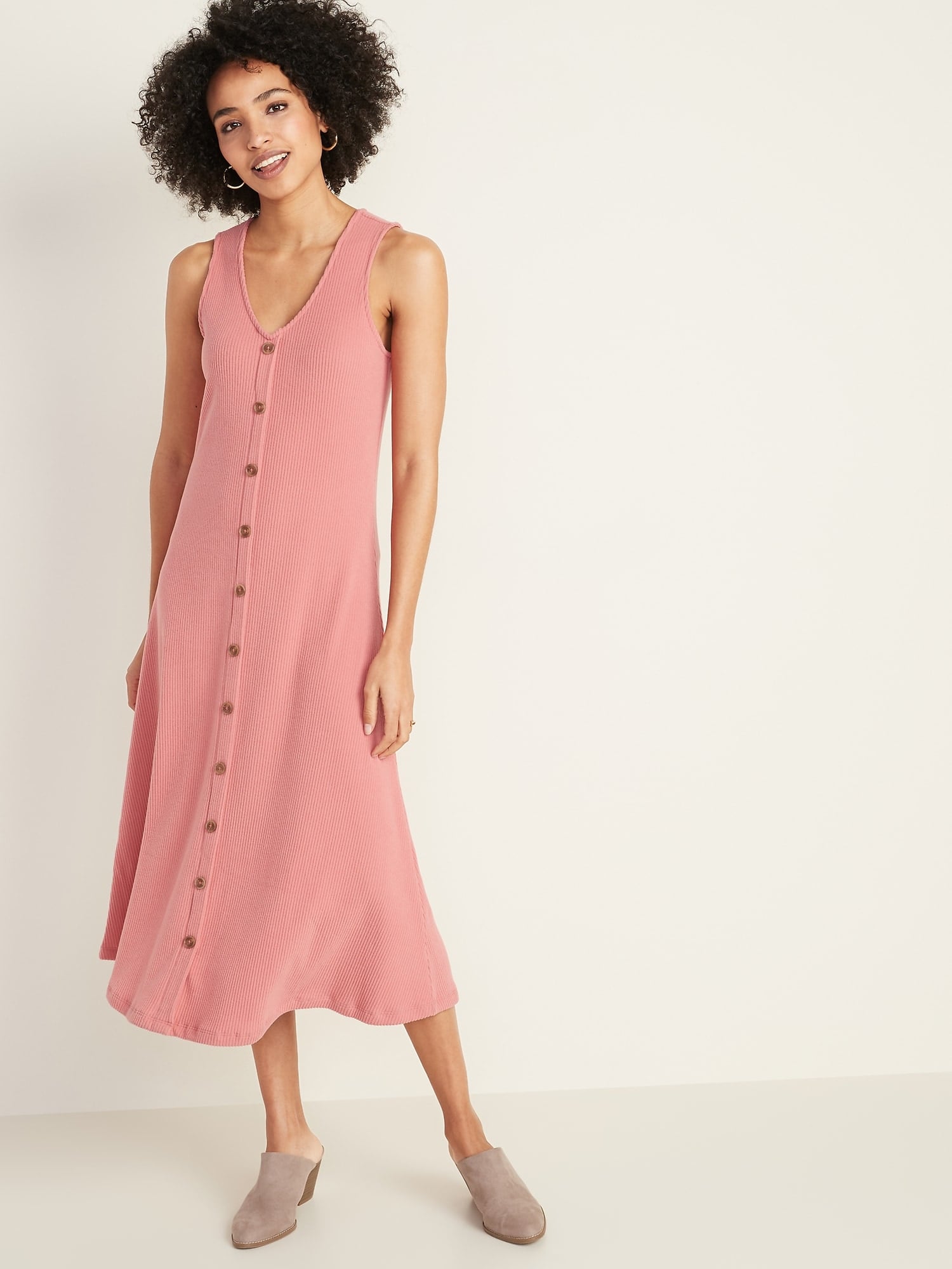 Sleeveless Button-Front Rib-Knit Midi 