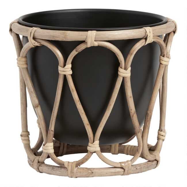 World Market Black Metal Tabletop Planter With Rattan Cane Stand