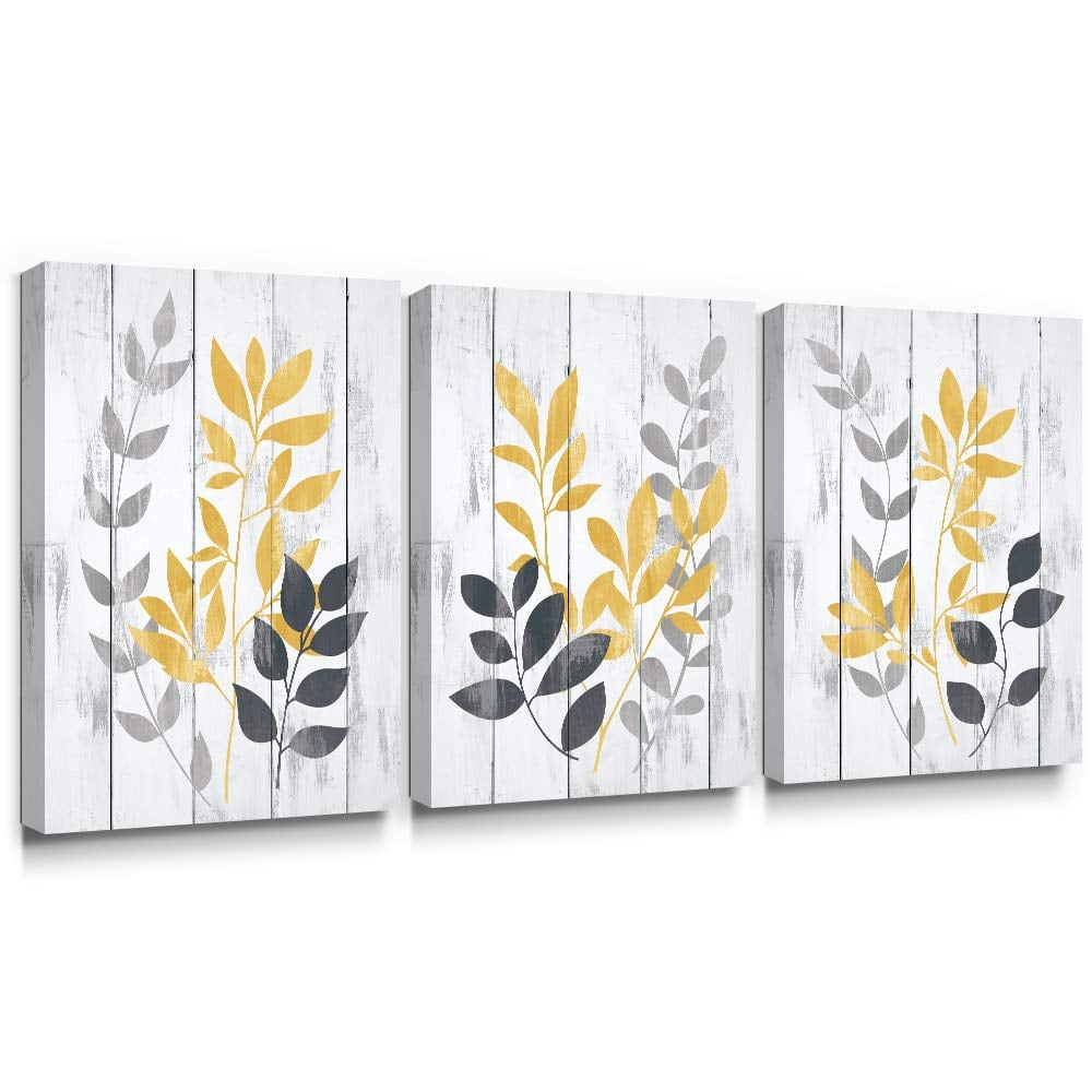 Takfot Leaf Wall Art Yellow Grey Leaves Canvas Painting