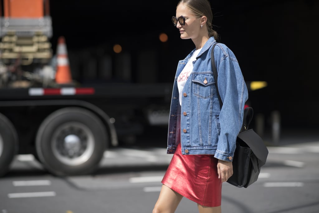 A denim jacket is fail-safe over a miniskirt on casual day.