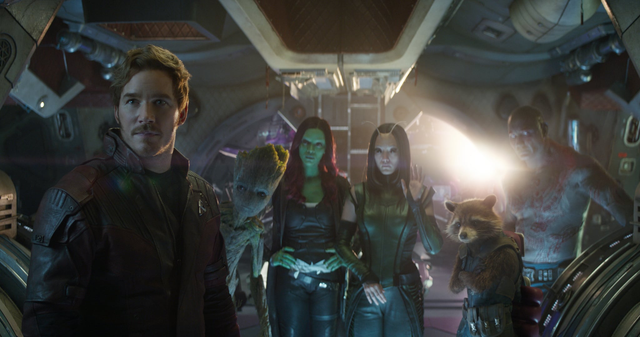 Marvel Studios' AVENGERS: INFINITY WAR..L to R: Star-Lord/Peter Quill (Chris Pratt), Groot (voiced by Vin Diesel), Gamora (Zoe Saldana), Mantis (Pom Klementieff), Rocket (voiced by Bradley Cooper) and Drax (Dave Bautista)..Photo: Film Frame..©Marvel Studios 2018