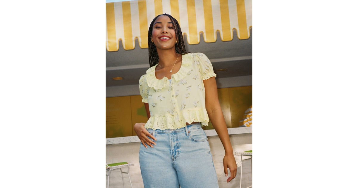 AE Scoop Neck Lace Button-Up Blouse 