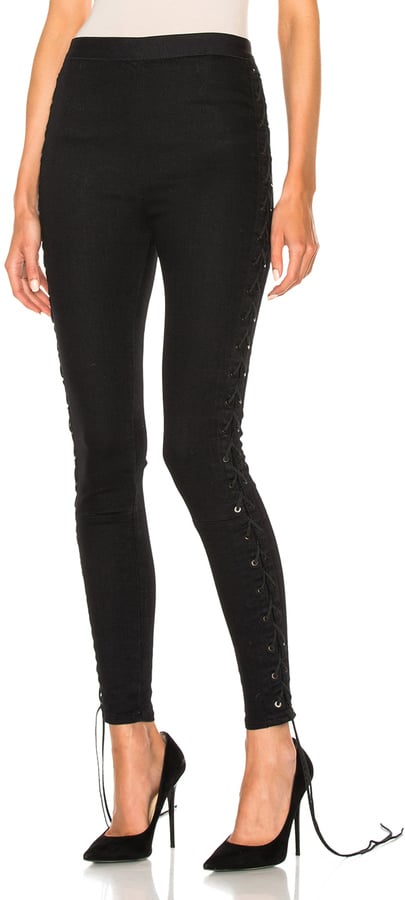 Seemingly undone laces trail down the pant legs on this pair by Unravel ($957).