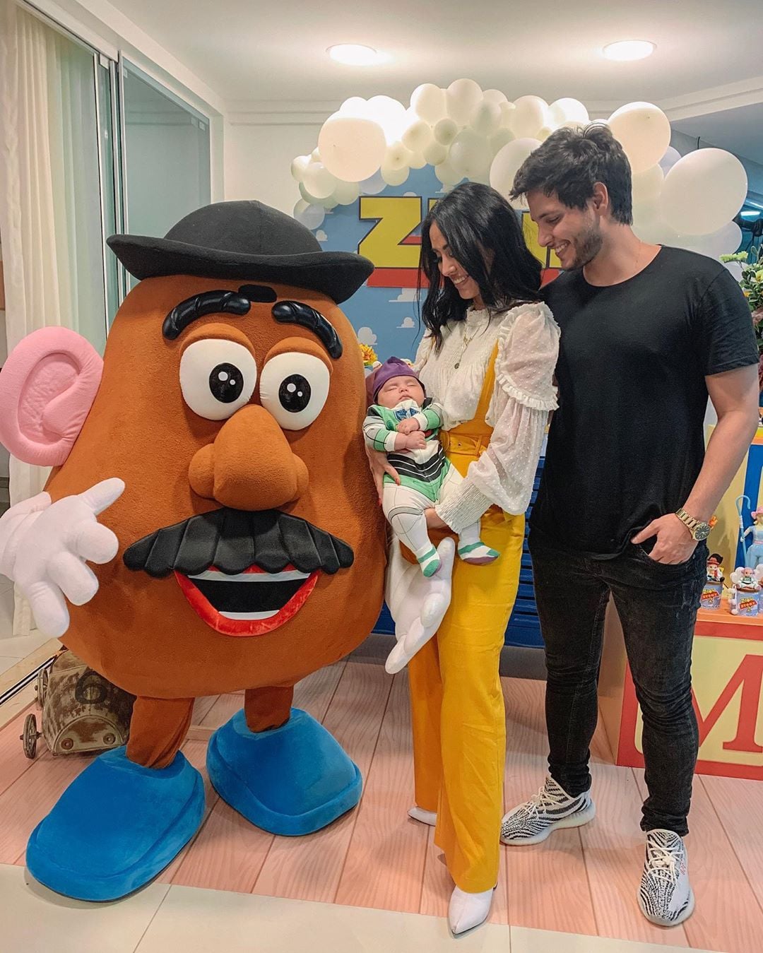 Zion With His Parents And Mr Potato Head This Mom Had The Most Extra Toy Story Party And Photo Shoot For Her Son S 2 Month Birthday Popsugar Family Photo 4