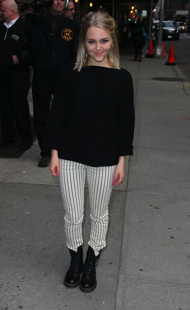 AnnaSophia Robb broke up her black NYC look with these Paige Premium Denim striped jeans ($199).
AnnaSophia Robb broke up her black NYC look with these Paige Premium Denim striped jeans ($199).