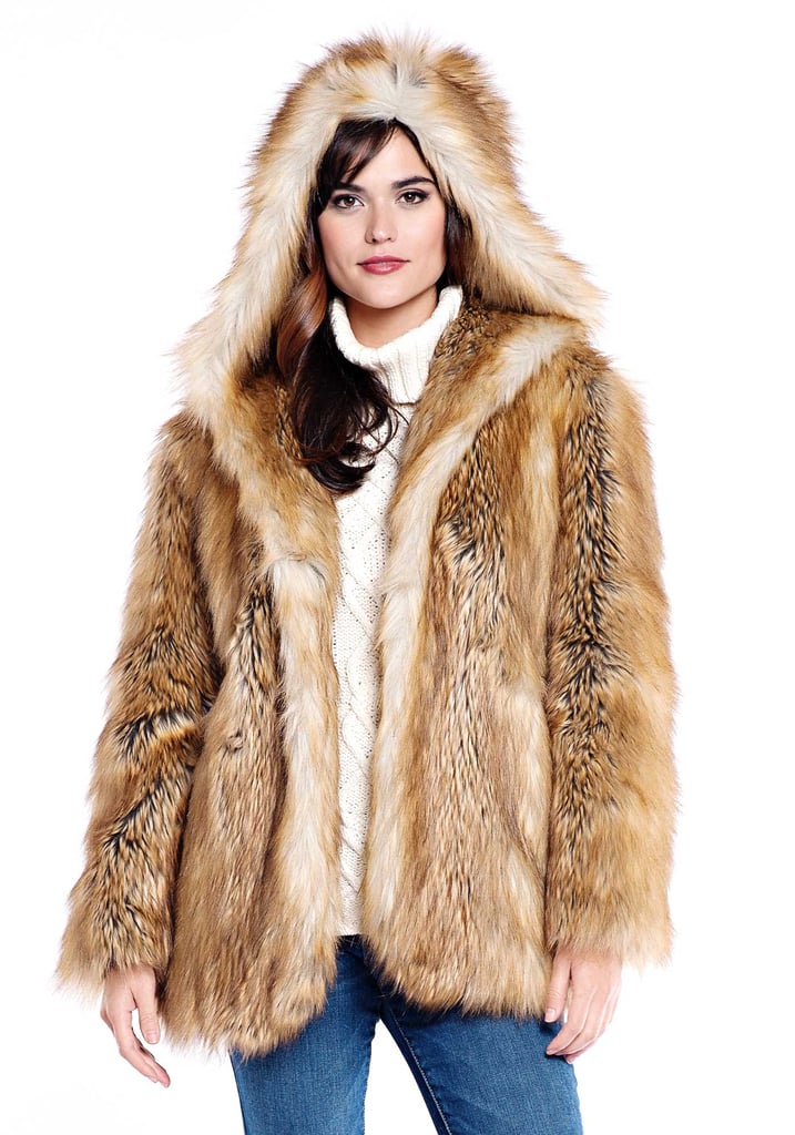 This family-owned and run business has great-quality glam and modem faux fur products. I got the white faux fur mink coat and hat from them for my Aspen marriage license signing lunch. It's beautiful! All the pieces are super luxe, chic, and fashionable.  
Fabulous Furs Gold Fox Hooded Faux Fur Jacket ($249)