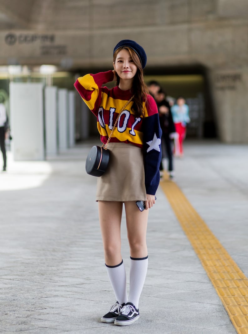 Go ultracute and pair with a printed sweater and long socks.