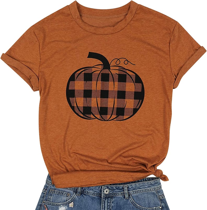 A Fall Vibe: Lukycild Halloween Pumpkin Shirt Women Plaid Leopard Graphic Fall Tshirt