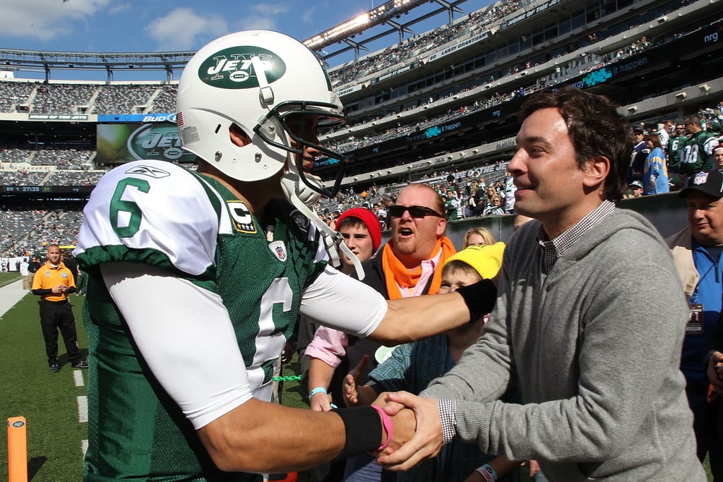 Jimmy Fallon greeted Mark Sanchez on the sidelines before a New York Jets game in October 2011.