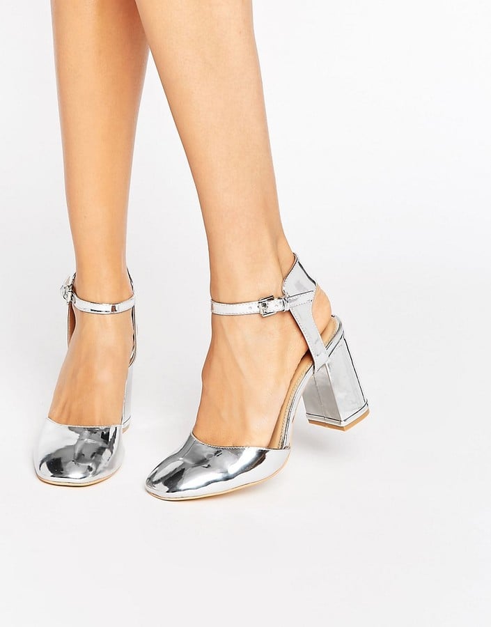 Glamorous Silver Metallic Ankle Strap Heeled Shoes