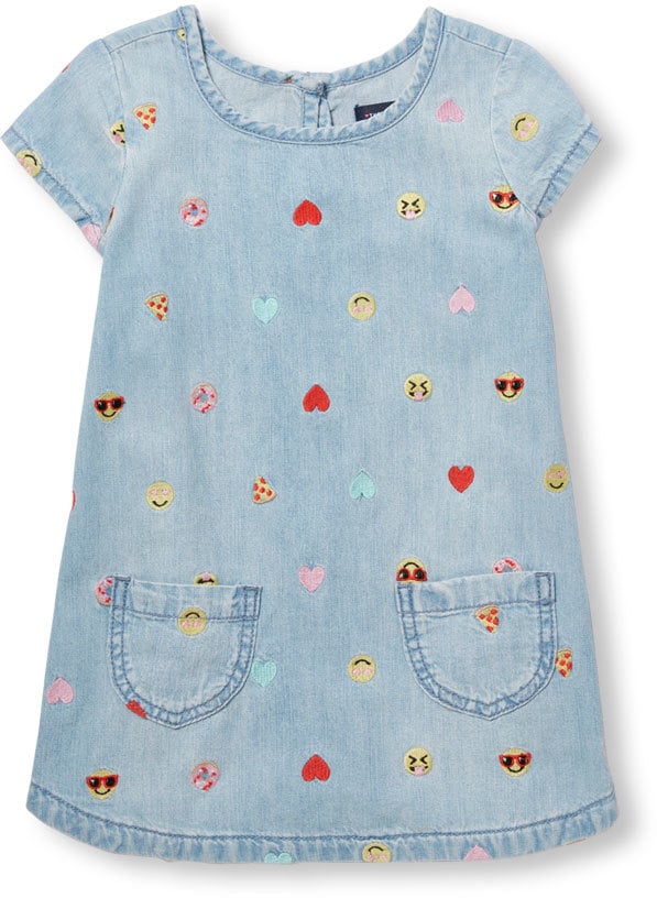 Short Sleeve Embroidered Emoji Print Chambray Dress