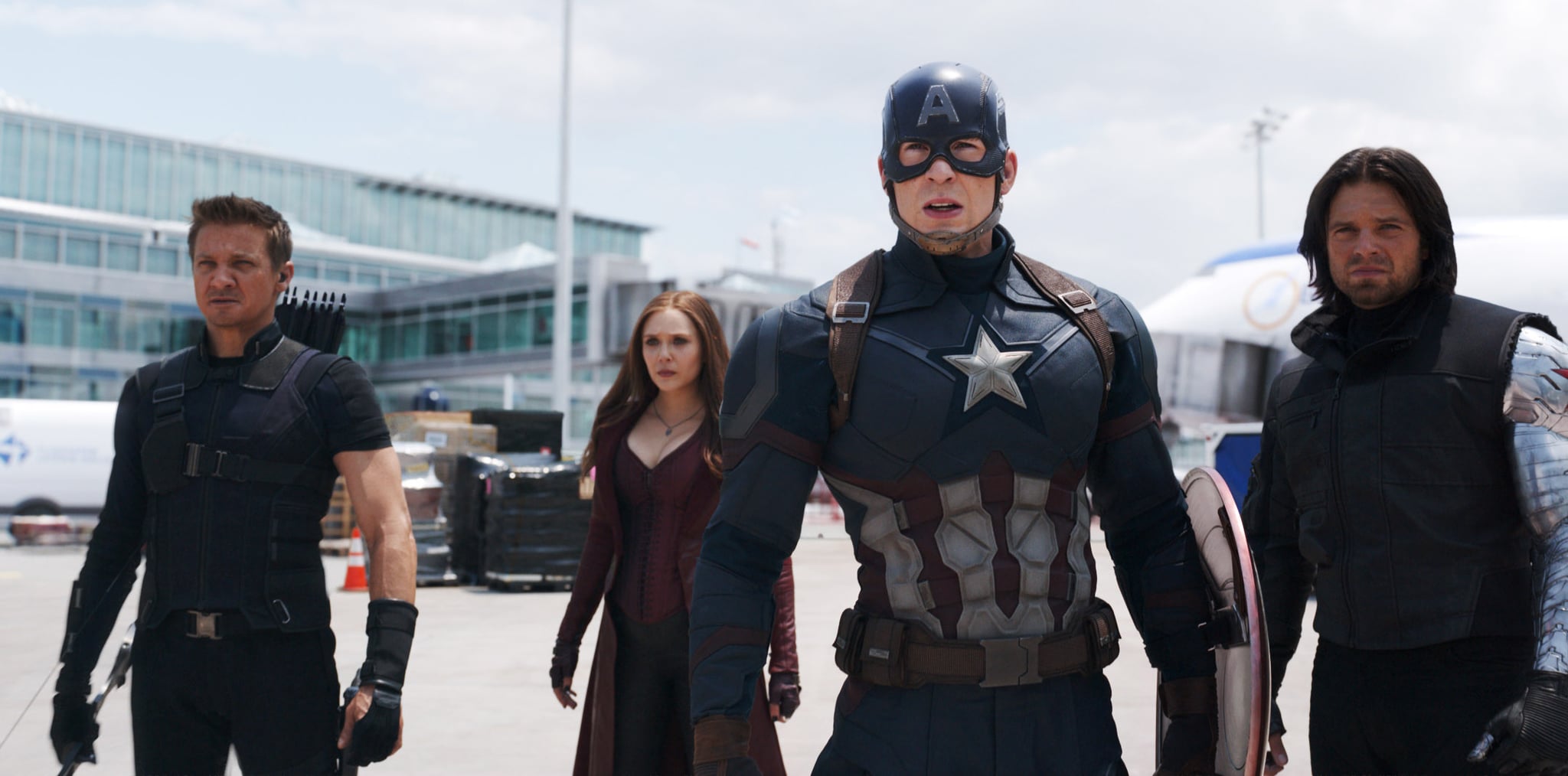 CAPTAIN AMERICA: CIVIL WAR, from left: Jeremy Renner, as Hawkeye, Elizabeth Olsen, as Scarlet Witch, Chris Evans, as Captain America, Sebastian Stan, as Winter Soldier, 2016. /  Walt Disney Studios Motion Pictures / Courtesy Everett Collection