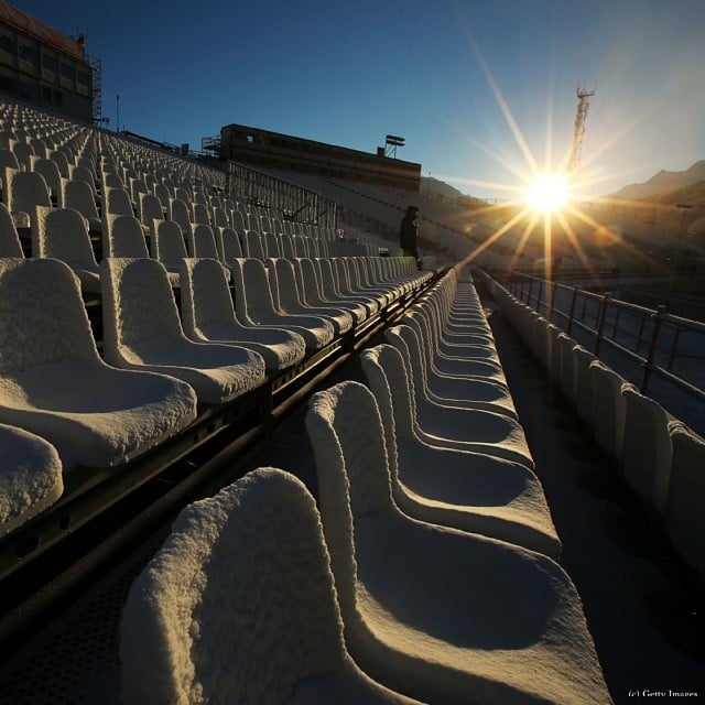 Snow covered seats in a Sochi stadium. 
Source: Instagram user Olympics