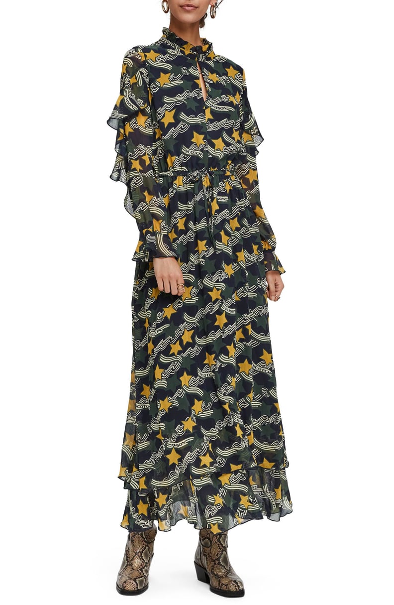 Scotch & Soda Print Long-Sleeve Ruffle Maxi Dress