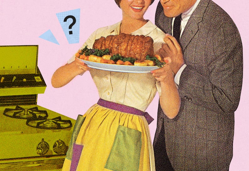 An old-timey illustration of a wife holding a chicken with a husband nearby.