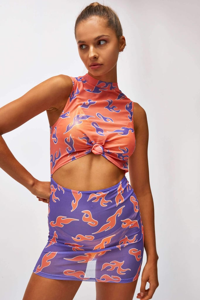 Jaded London Lilac & Pink Flame Print Mesh Beach Dress